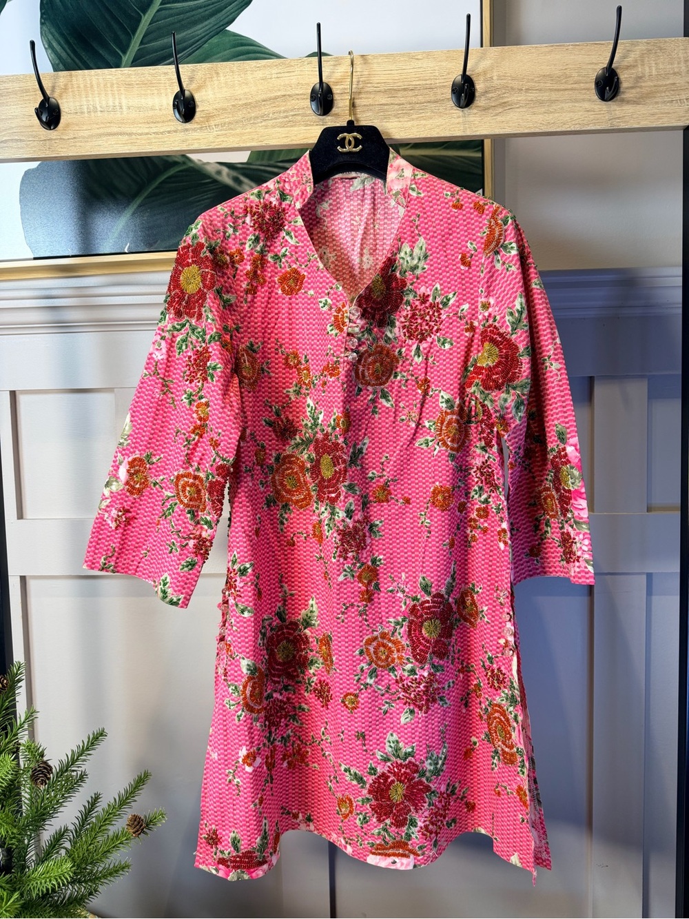 Velvet Hanger Floral Tunic Dress - Hot Pink with handmade beaded Red Flowers